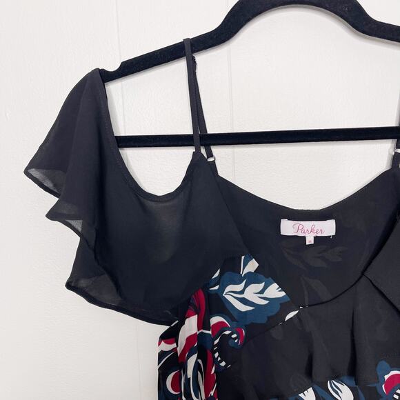 Parker Draped Sleeve Blouse Cold Shoulder Ruffle Pieced Paisley Print Black M - Picture 3 of 12